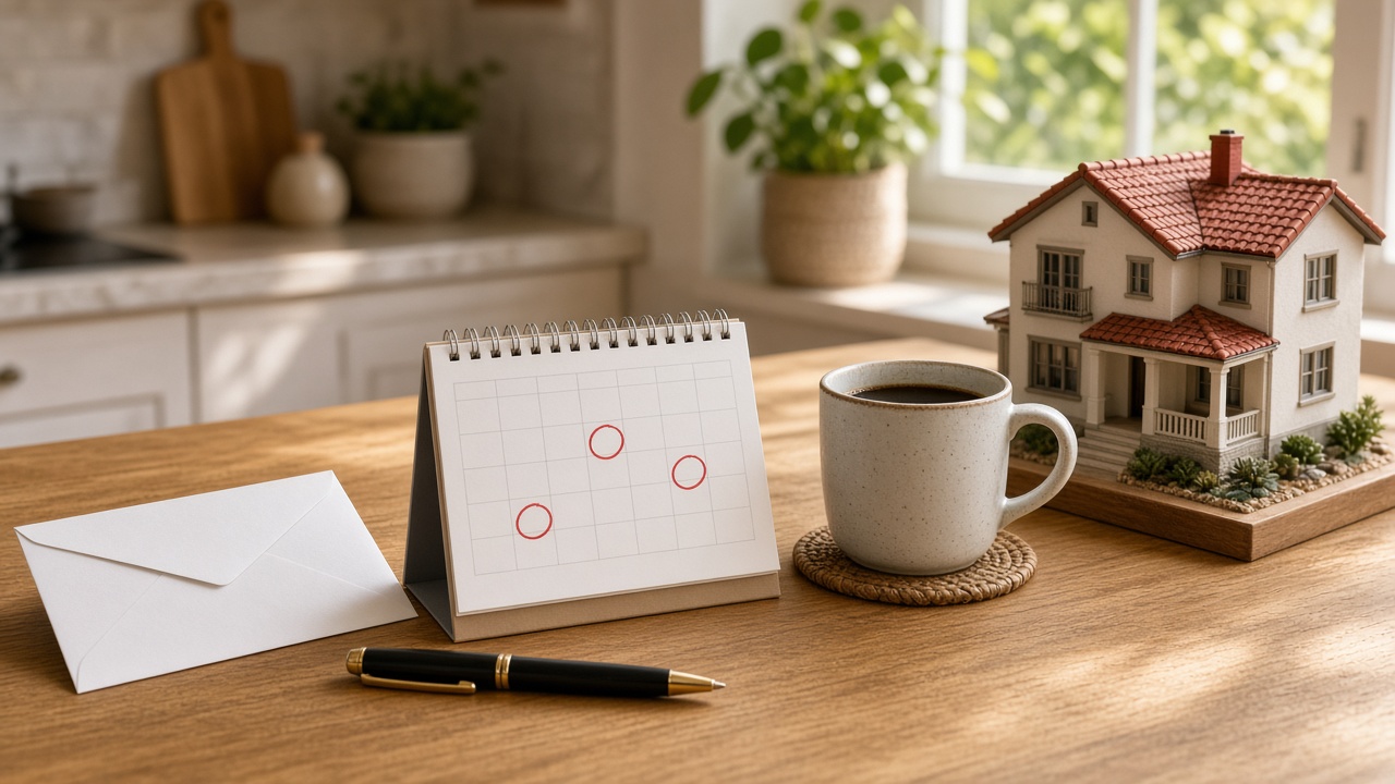 Property tax bill and calendar on a kitchen table